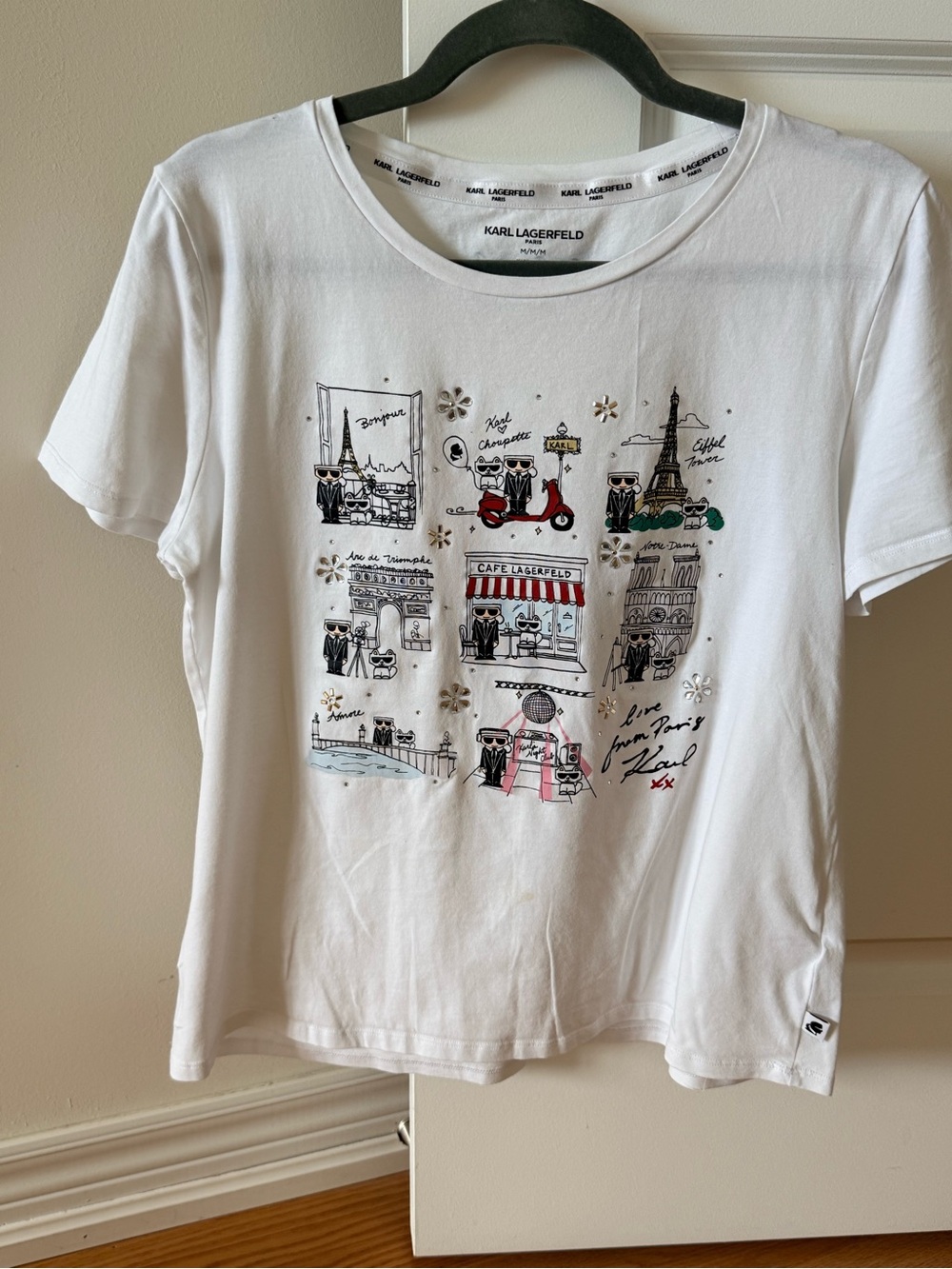 Karl Lagerfeld White Embellished Paris Graphic Tee
